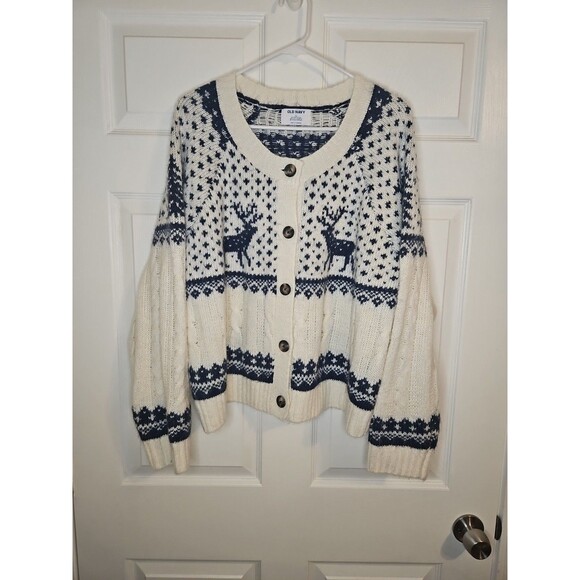 Old Navy Alpine Fair Isle Boxy Cardigan Button Up Sweater Womens XL Reindeer - Picture 1 of 4